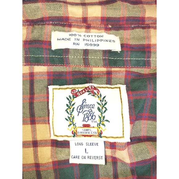 Sears Roebuck Co Mens Sz L Button Up Front Plaid Shirt Tan Green Burgundy Stripe - Picture 6 of 7